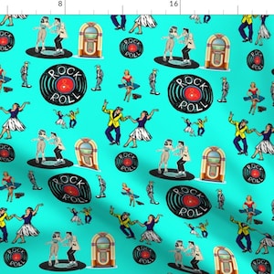 Retro Rock N Roll Fabric - Rock N Roll Baby ! By Floramoon Designs - Rock N Roll Music Retro Blue Cotton Fabric By The Yard With Spoonflower