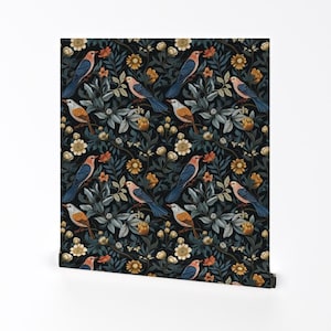 Moody Floral Removable Peel and Stick Wallpaper - Birds Blue Teal Finch  - Wall Art Wall Decor - Flora And Fauna by seamless_surface_design