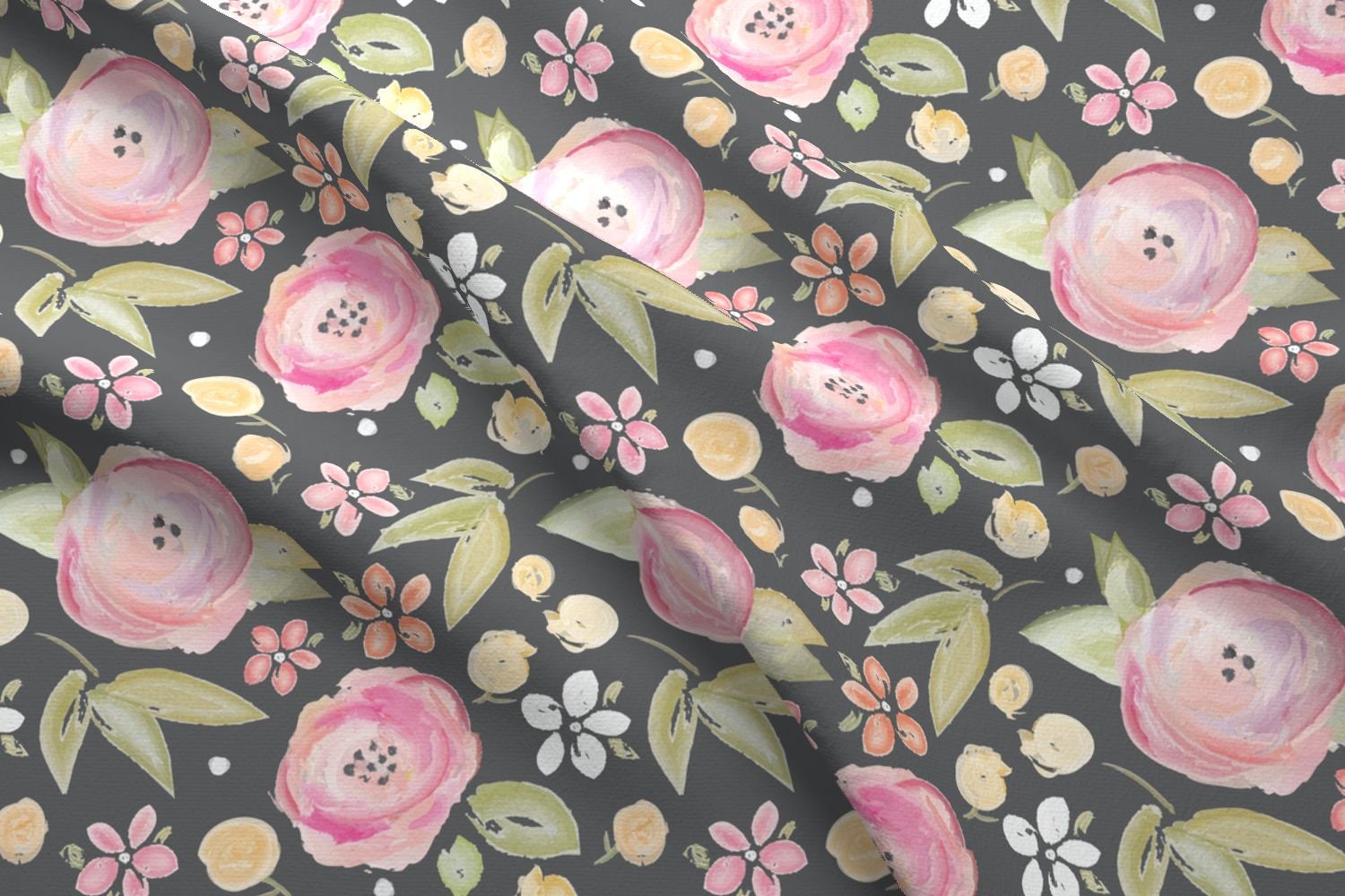 Pink and Gray Flowers Fabric Watercolor Floral In Gray By Etsy