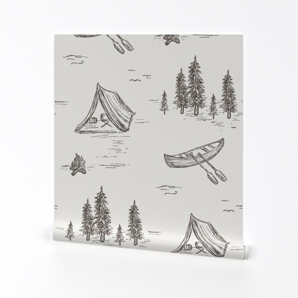 Woodland Adventure Wallpaper - Lake Life by rose_lindo - Outdoors Rustic Pine Forest Removable Peel and Stick Wallpaper by Spoonflower