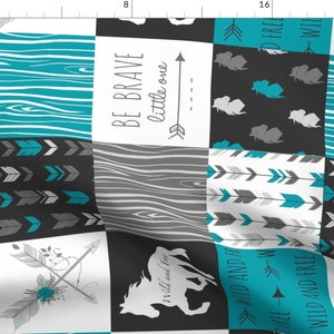 Horse Teal Quilt Fabric - Horse Patchwork - Be Brave - Teal, Black, Grey, White-Ch By Sugarpinedesign - Horse Fabric With Spoonflower