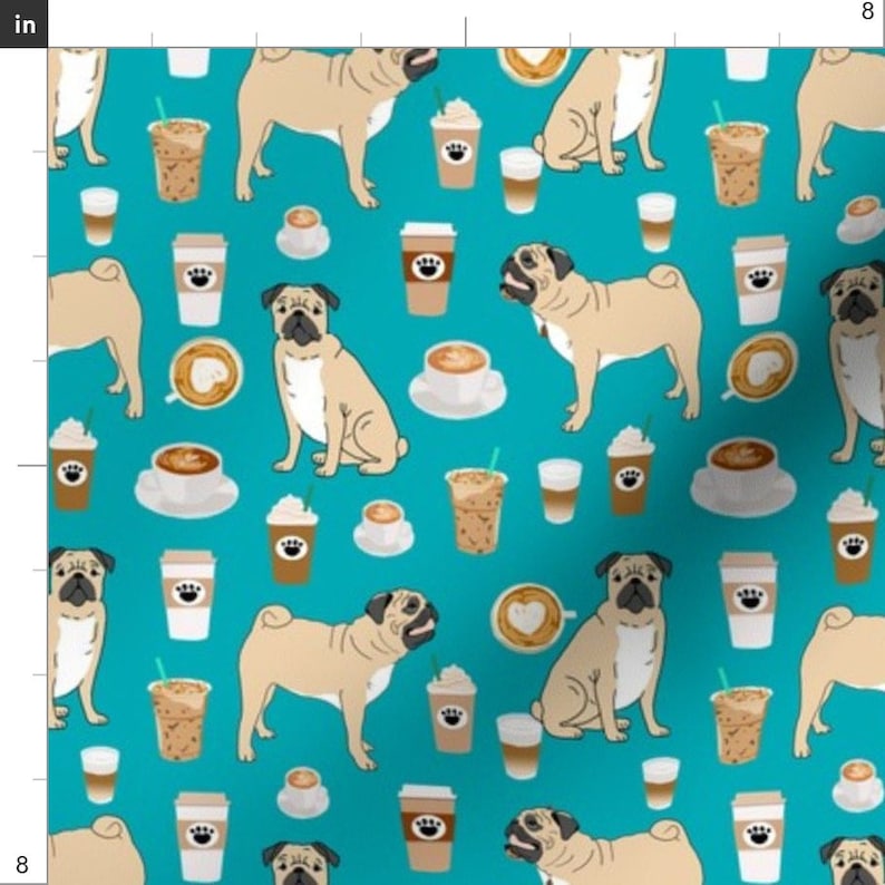 Blue Green Coffee Pug Dog Fabric Pugs Coffee Latte Turquoise Coffee Pugs By Petfriendly Cotton Fabric By The Yard With Spoonflower image 2