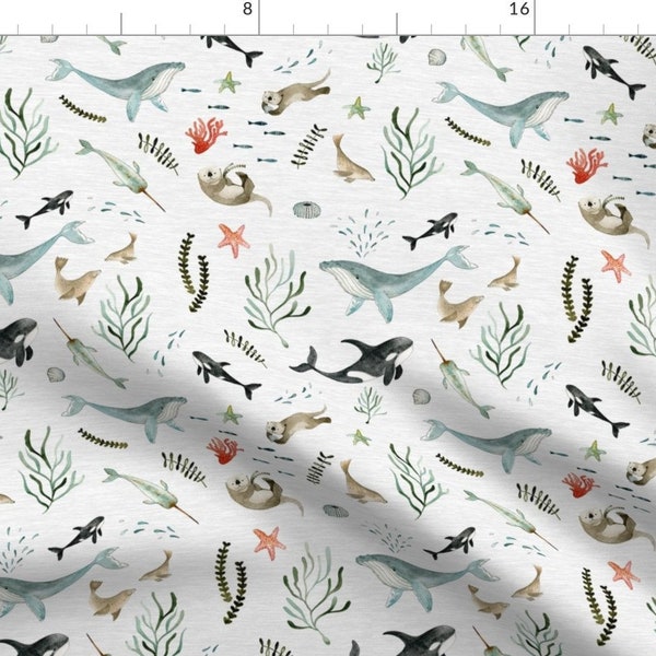 Whale Fabric - Pacific Ocean By Little Pine Artistry - Whale Blue White Fish Seaweed Coral Algae Cotton Fabric By The Yard With Spoonflower