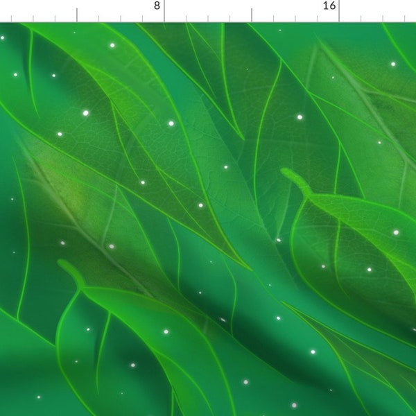 Green Leafy Fabric - Fairy Leaves By Mellymellow - Magical Dew Luminous Leaves Cotton Fabric By The Yard With Spoonflower