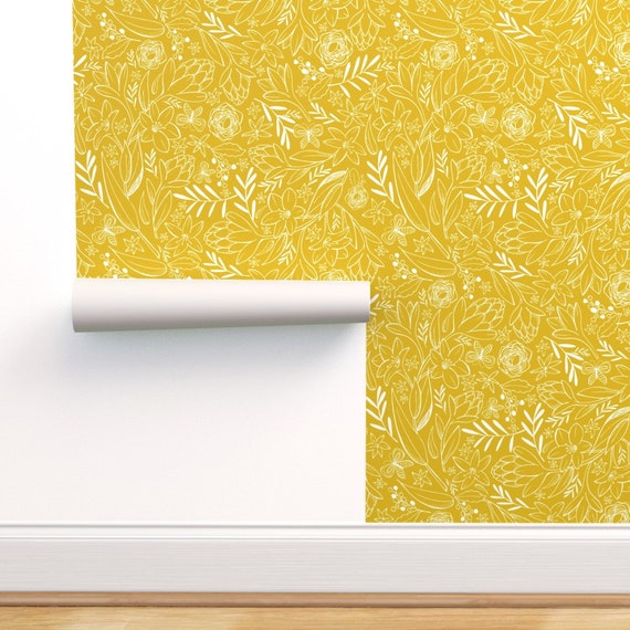 Floral Wallpaper Botanical Sketchbook Floral Yellow by - Etsy