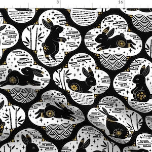 Bunny Geo Fabric - Golden Rabbits  by cuteteez - Black White Retro Bamboo Japanese Vintage Style Neutral Fabric by the Yard by Spoonflower