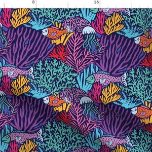 Oceans Fabric - Deep Sea By Cassiopee - Oceans Fish Swim Bright Coral Reef Tropical Fishes Purple Cotton Fabric By The Yard With Spoonflower