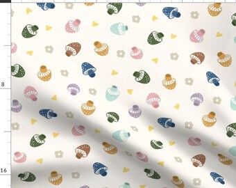 Boho Mushrooms Apparel Fabric - Jumping Mushrooms by eeviz_art - Retro Floral Soft Muted Colors Earth Tone Clothing Fabric by Spoonflower