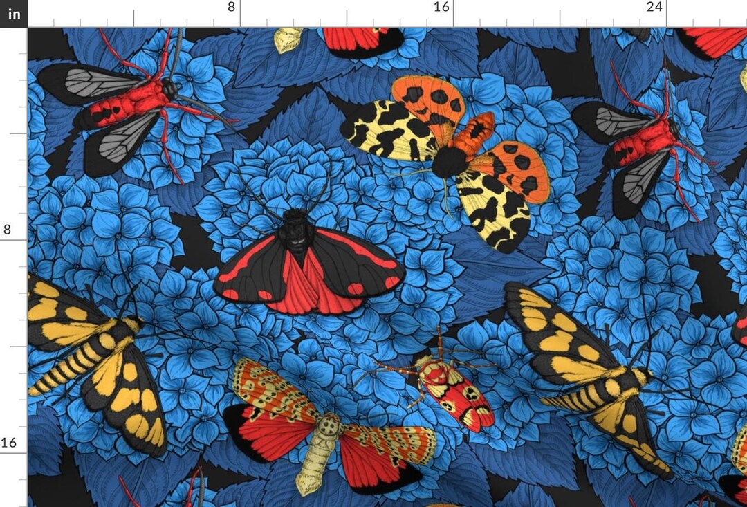 Blue Moth Floral Pattern Fabric - Moths on Blue Hydrangea by Katerina ...