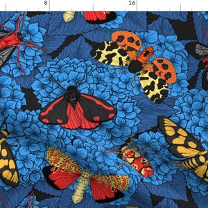 Blue Moth Floral Pattern Fabric - Moths On Blue Hydrangea By Katerina Kirilova - Moth Garden Cotton Fabric By The Yard With Spoonflower