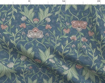 William Morris Fabric - Victorian Damask Foliage by bloomerydecor - Teal Leaves Vintage Floral Pimpernel Fabric by the Yard by Spoonflower