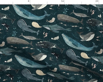 Whale Fabric - Whale's Song By Katherine Quinn - Whale Ocean Nautical Large Blue Sea Creature Cotton Fabric By The Yard With Spoonflower