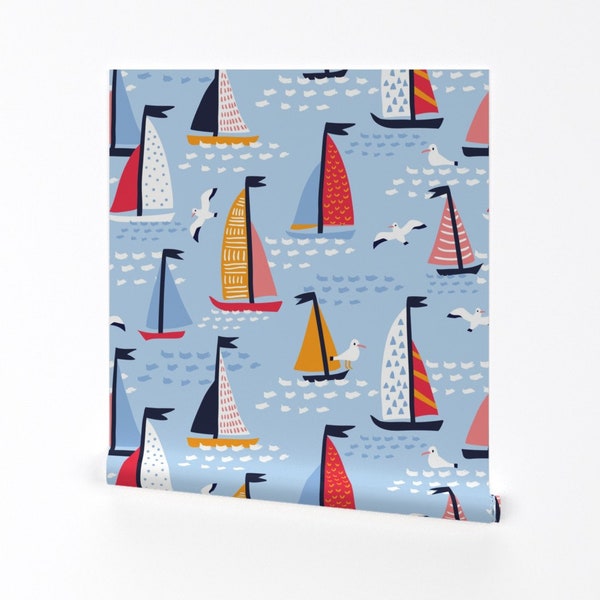 Papel pintado de barcos de vela náuticos - Regata de Alenkakarabanova - Rollo de papel pintado autoadhesivo extraíble impreso personalizado náutico de Spoonflower