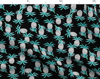May include: A black background with a repeating pattern of white pineapples with teal green leaves. The pineapples are stylized and have a watercolor effect.