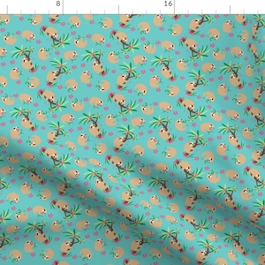 Sloth Animals Fabric - Hugs Teal Small By Phyllisdobbs Turquoise Aqua Tropical Baby - Animals Cotton Fabric By The Yard With Spoonflower