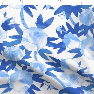 Floral Fabric - Chinoiserie Peonies In Blue by willowlanetextiles - Chinoiserie Flower Garden Watercolor Fabric by the Yard by Spoonflower