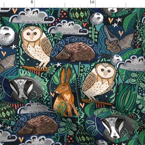 Nocturnal Animals Fabric - Moonlit Woodland Walks By Slumbermonkey - Owls Rabbit Opossum Badger Cotton Fabric By The Yard With Spoonflower