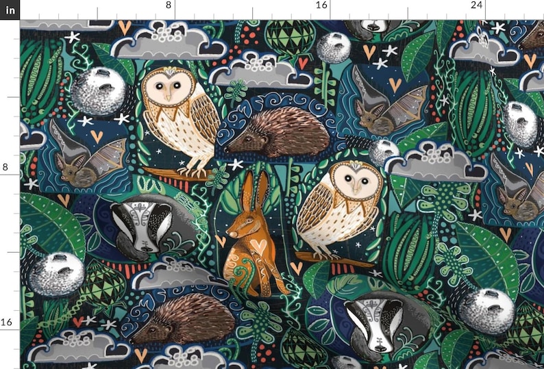 Nocturnal Animals Fabric - Moonlit Woodland Walks By Slumbermonkey - Owls Rabbit Opossum Badger Cotton Fabric By The Yard With Spoonflower image 1