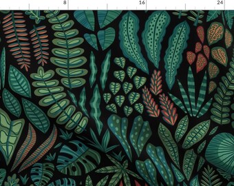 Modern Tropical Fabric - Tropical Night By Anab2 - Emerald Pine Green Moody Tropical Rainforest Cotton Fabric By The Yard With Spoonflower