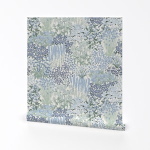 Botanical Meadow Removable Peel and Stick Wallpaper - Blue Flowers Summer Florals - Wall Art Wall Decor - Garden Bloom by hufton_studio