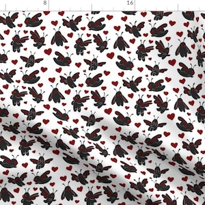 Black And White Fabric - Mothman Love by recently_deceased_art -  Cute Red Hearts Hand-drawn Halloween Fabric by the Yard by Spoonflower