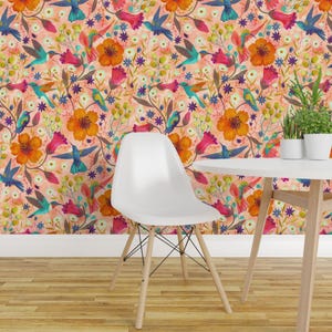 Pollinators Wallpaper - Hummingbirds By Gaiamarfurt - Pink Orange Floral Spring Bright Removable Self Adhesive Wallpaper Roll by Spoonflower