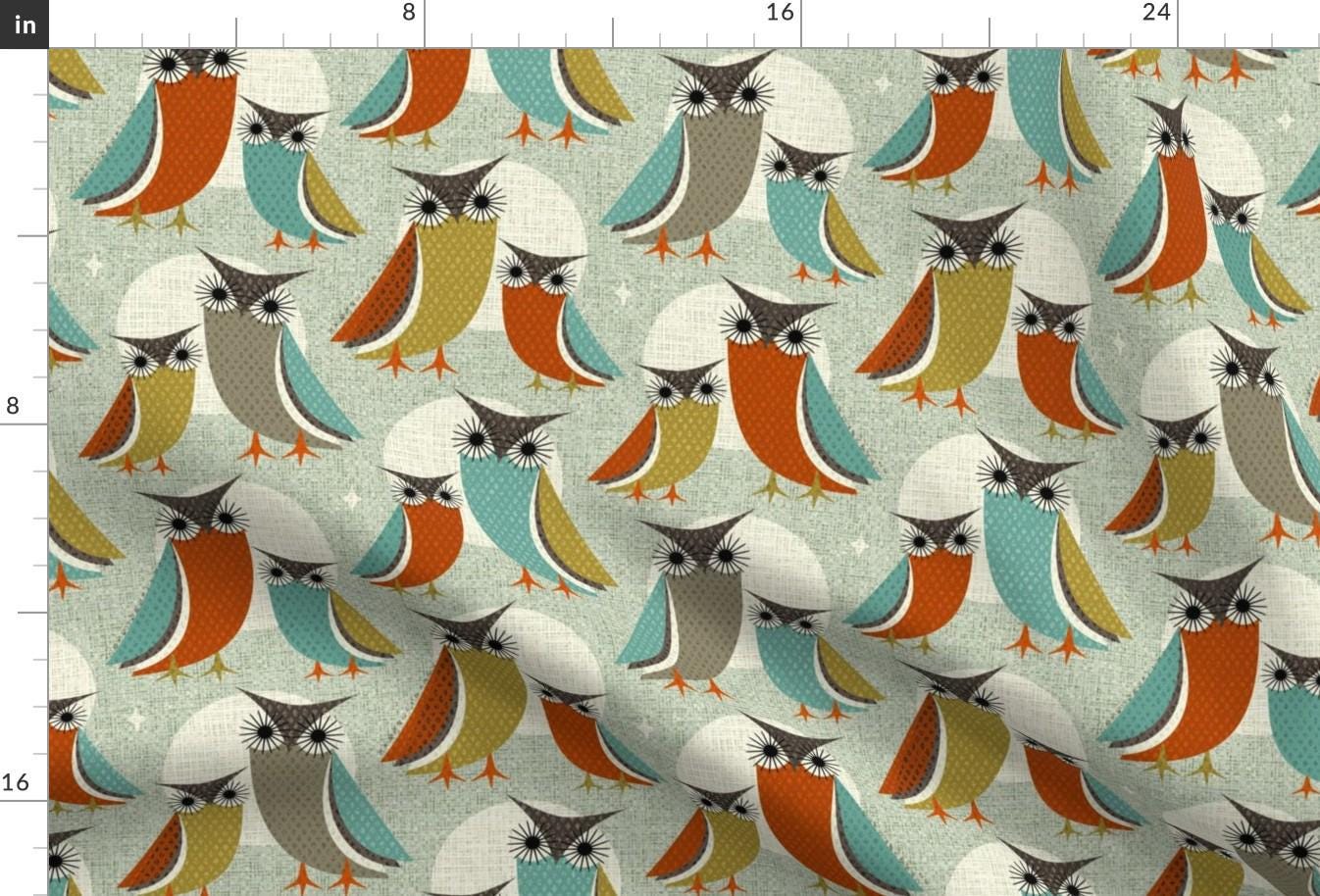 Owl Fabric - Owls In Moonlight By Studioxtine - Owl Retro Green Blue Nursery Kids Classroom Novel Co