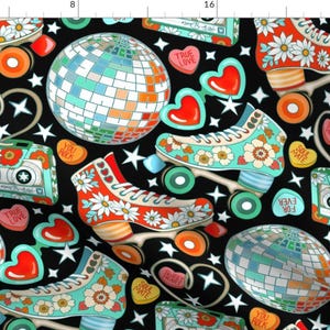 May include: A black background with a repeating pattern of roller skates, disco balls, cassette tapes, and candy hearts. The roller skates are decorated with flowers and the candy hearts have various messages like "True Love", "You Rock", and "Soul Mate".
