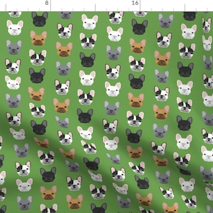 Green Frenchie Dog Fabric - French Bulldogs Faces Dog Head Cute Pet Dog By Petfriendly - Cotton Fabric By The Yard With Spoonflower