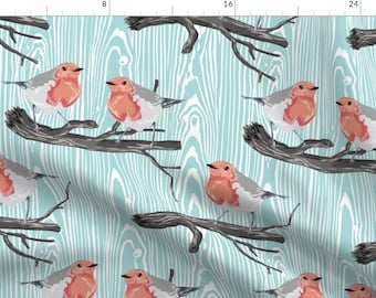 Robin Fabric - Little Robins By Abbieuproot - Birds Robin Woodgrain Blue White Red Woodland Tree Cotton Fabric By The Yard With Spoonflower