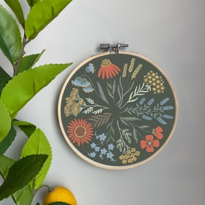 Floral Embroidery Template on Cotton - Wildflowers By Simut - Olive Boho Garden Embroidery Pattern for 6" Hoop Custom Printed by Spoonflower