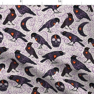 May include: A seamless pattern featuring black crows with orange hearts, purple swirls, and black and white skull and crescent moon motifs on a white background.