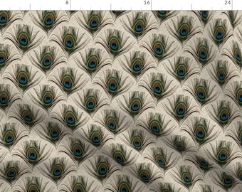 Peacock Feathers Linen Texture Fabric - Peacock On Linen By Vo_Aka_Virginiao - Peacock Feathers Cotton Fabric By The Yard With Spoonflower