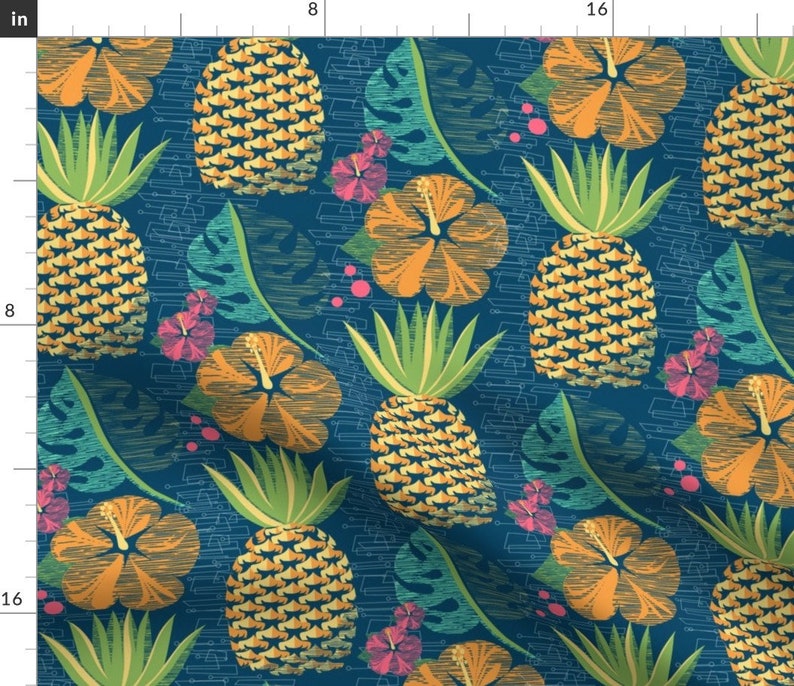Tropical Pineapple Fabric Tropical Pineapple Tikiteal12 3/4 Etsy