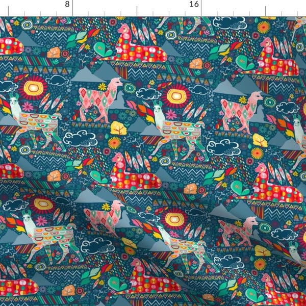 Llamas Fabric - Llamas On Teal By Creativetaylor - Llamas Diamonds Circles Flowers Leaves Teal Cotton Fabric By The Yard With Spoonflower