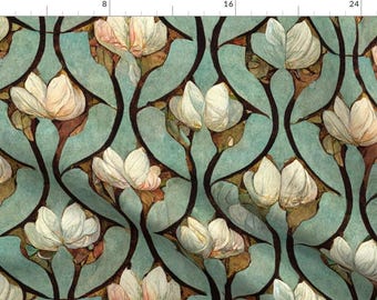 Art Nouveau Lotus Fabric - Art Nouveau Botanical by nickleen - Art Deco Floral Water Lily 1920s Botanical Fabric by the Yard by Spoonflower