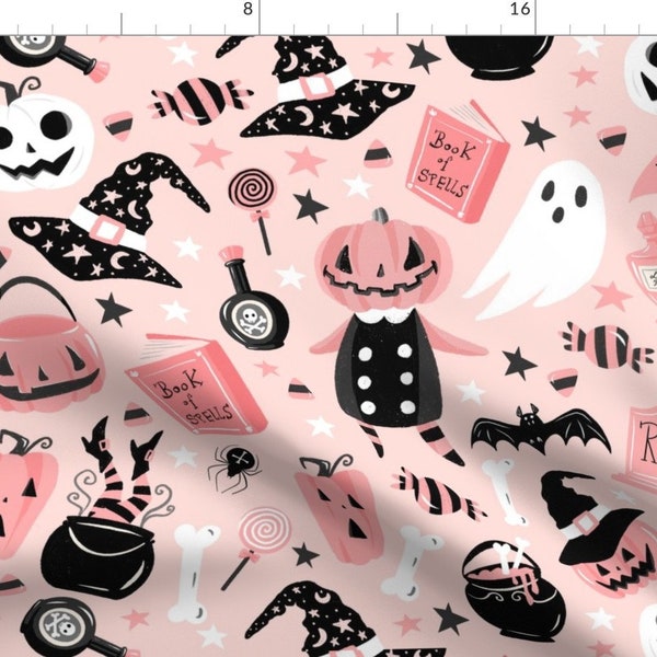 Halloween Fabric - Pink Halloween By Atelierdorina - Halloween Pastel Pink Witch Pumpkins Bats Cotton Fabric By The Yard With Spoonflower