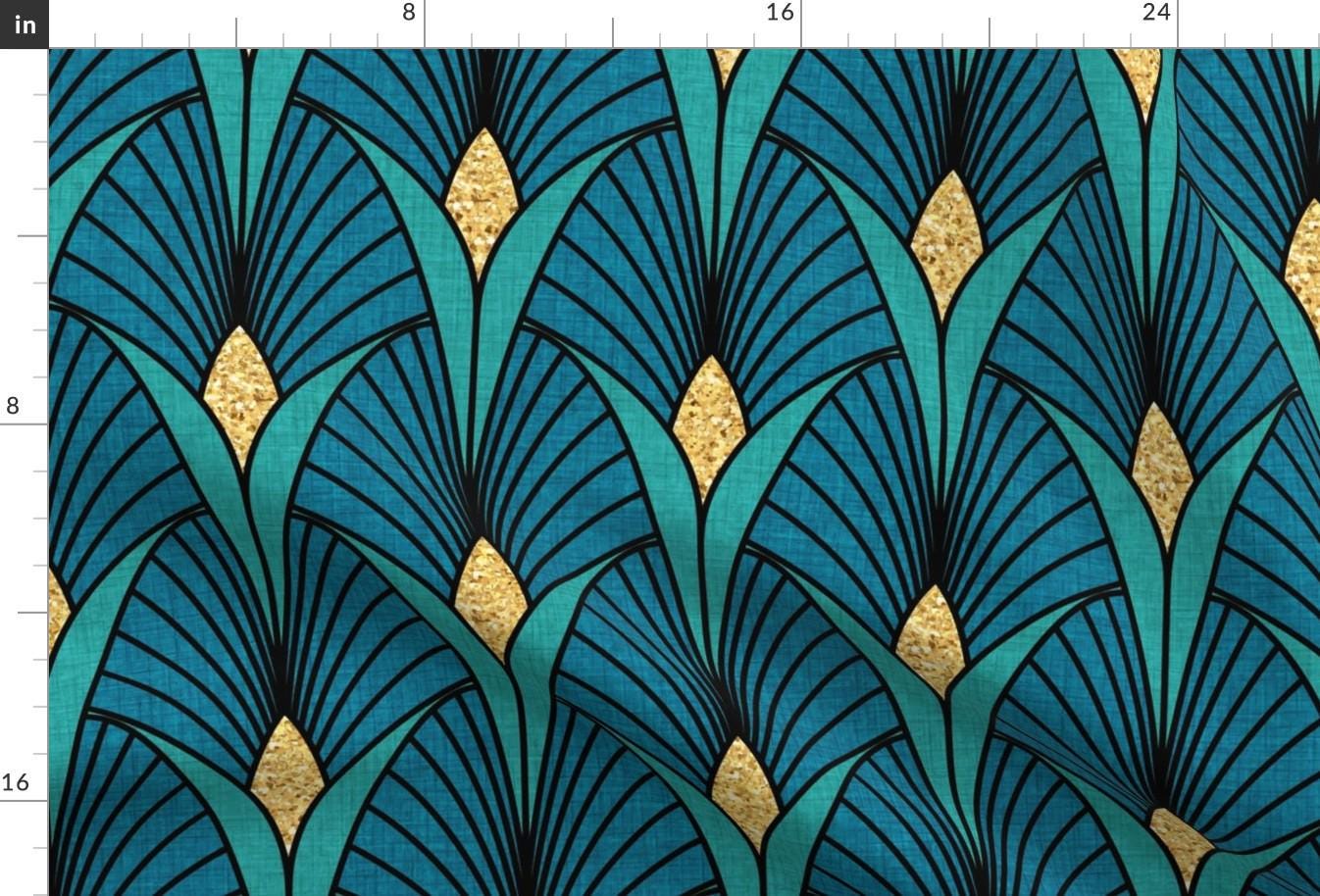 Peacock Jewels Fabric - Art Deco by emikundesigns - Bright Blue Scallops Fans Jewel Tones Art Deco 1920s Fabric by the Yard by Spoonflower