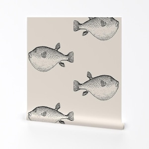 Puffer Fish Wallpaper - Black Pufferfish Cream Large Scale By Mlags - Custom Printed Removable Self Adhesive Wallpaper Roll by Spoonflower