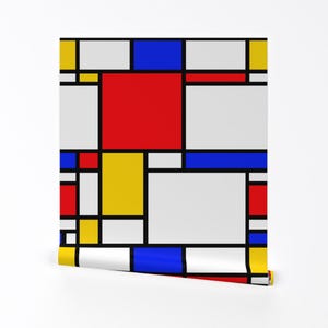 Primärfarben Tapete - Mondrian By Thewellingtonboot - Pop Art Comic Geometrische entfernbare selbstklebende Tapetenrolle von Spoonflower