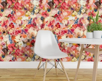 Colorful Floral Wallpaper - Painterly Abstract Floral By Jenflorentine - Bright Pink Removable Self Adhesive Wallpaper Roll by Spoonflower