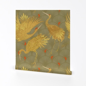 Japanese Cranes Removable Peel and Stick Wallpaper - Golden Sage Green Art Deco Cranes - Wall Art Wall Decor - Art Deco Feast by hnldesigns