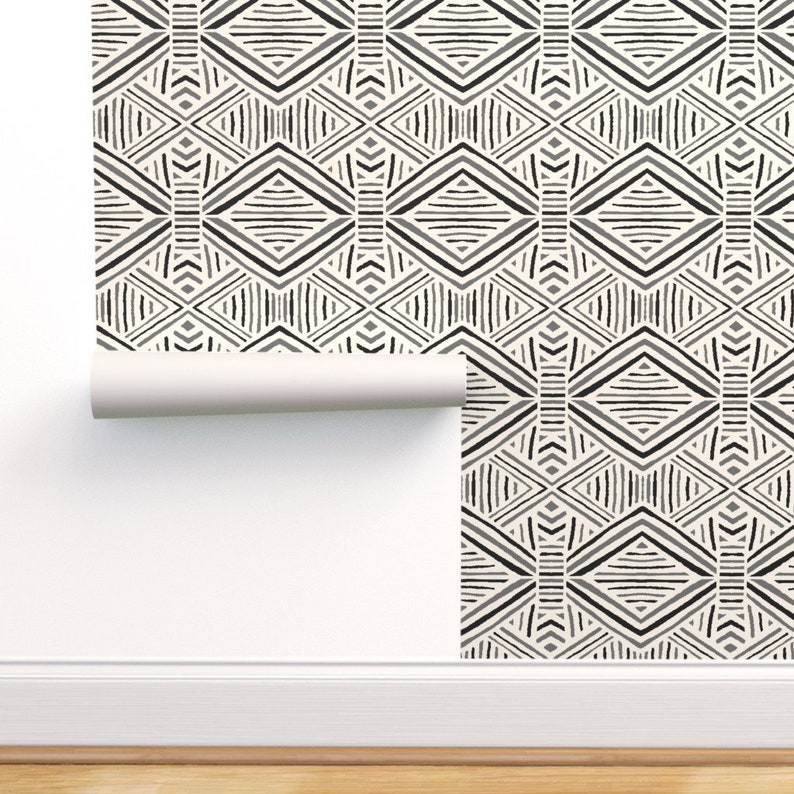 Tribal Wallpaper Tribal Geometric Back Gray by Crystal Walen Etsy