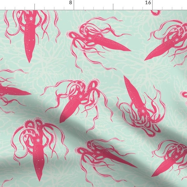 Pink Squid Fabric - Giant Squid On Sea Green By Kociara - Pink Summer Squid Beach Decor Cotton Fabric By The Yard With Spoonflower