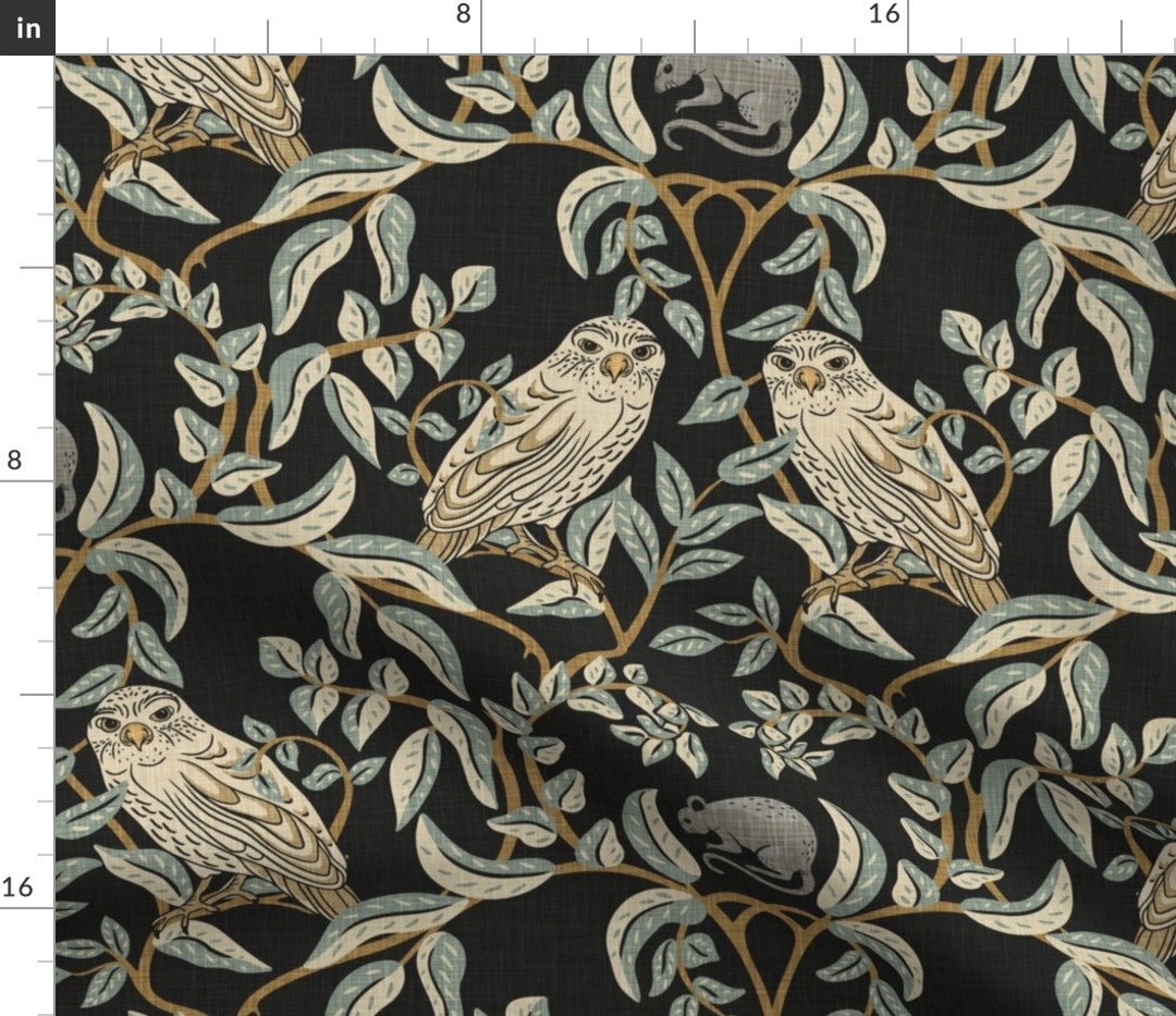 Little Owl Damask Fabric Owl on Black by Fernlesliestudio 