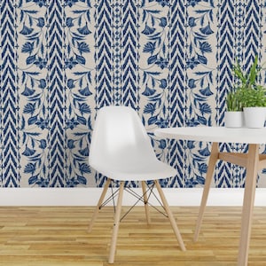 Folk bloemen strepen verwijderbaar Peel-and-Stick behang - grootschalig blauw bruin - muurkunst muurdecoratie - bloemen strepen blauw door smokeinthewoods
