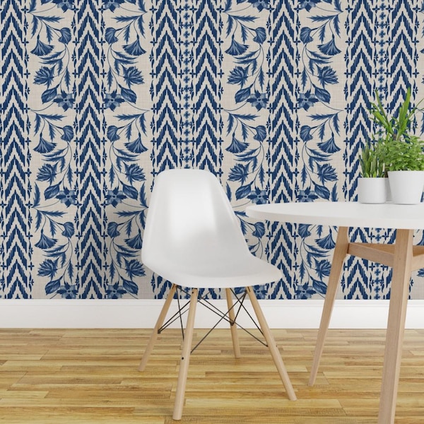 Folk Floral Stripe Peel and Stick Wallpaper - Large Scale Blue Tan - Removable Wall Decor Art - Floral Stripes Blue by smokeinthewoods