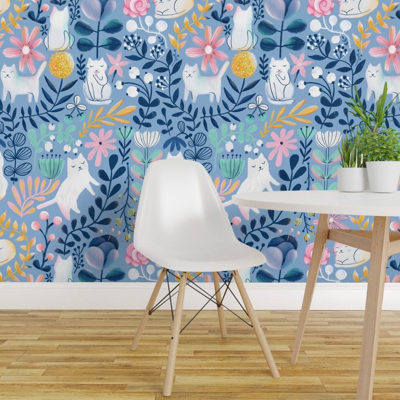 Floral Cats Wallpaper - Spring-Cats By Kostolom3000 - Blue Pink Kids Whimsical Kitten Removable Self Adhesive Wallpaper Roll by Spoonflower image 4