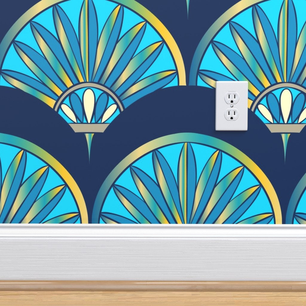Art Deco Wallpaper Art Deco Fan Pattern Blue by Bruxamagica Etsy