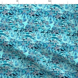 Small Scale Nautical Fabric - Starfish Coral Ocean Blues By Magentarosedesigns - Aqua Starfish Cotton Fabric By The Yard With Spoonflower